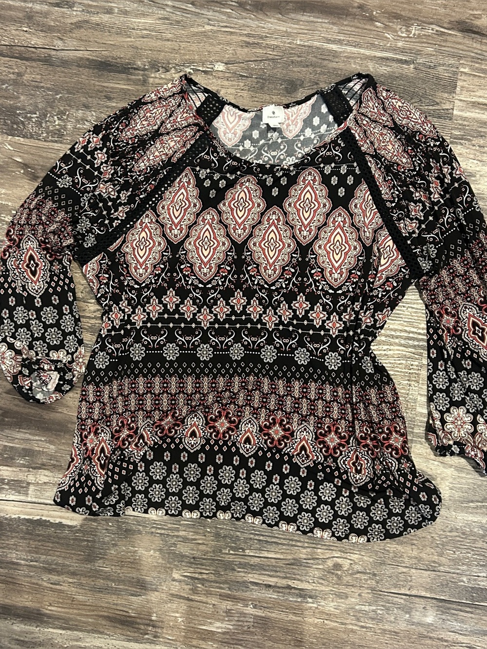 Dressbarn XL Paisley Boho Tunic Top Smocked Long Sleeve